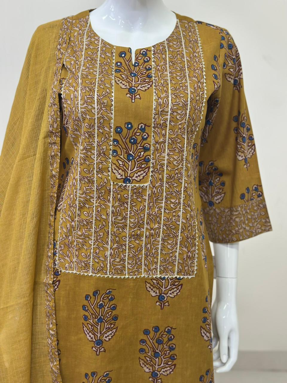 Mustard Cotton Straight Suit with Farshi Salwar & Dupatta | Gota Lace Detail | Label Anju Kumar