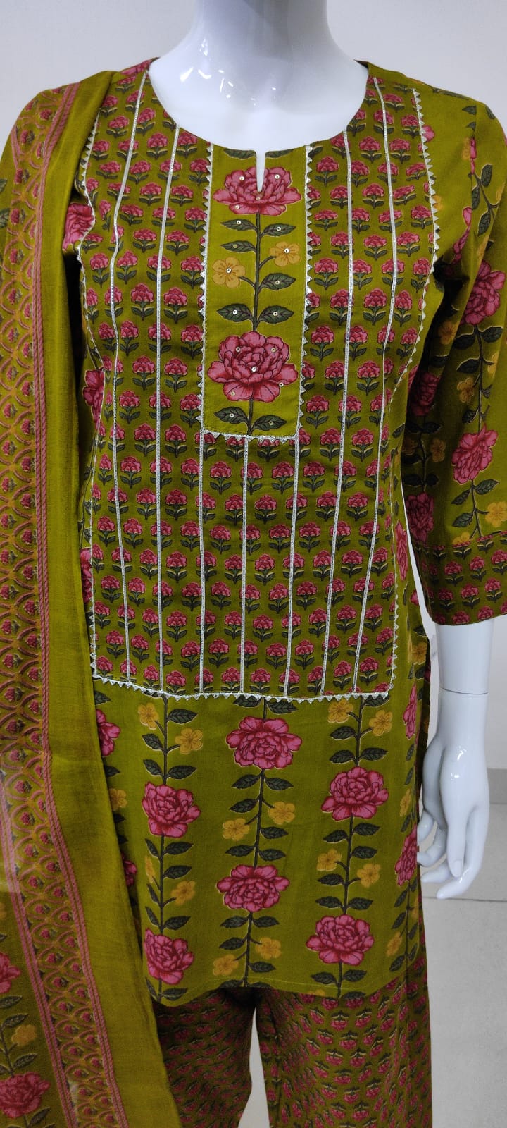 Green Cotton Straight Suit with Farshi Salwar & Dupatta | Gota Lace Detail | Label Anju Kumar