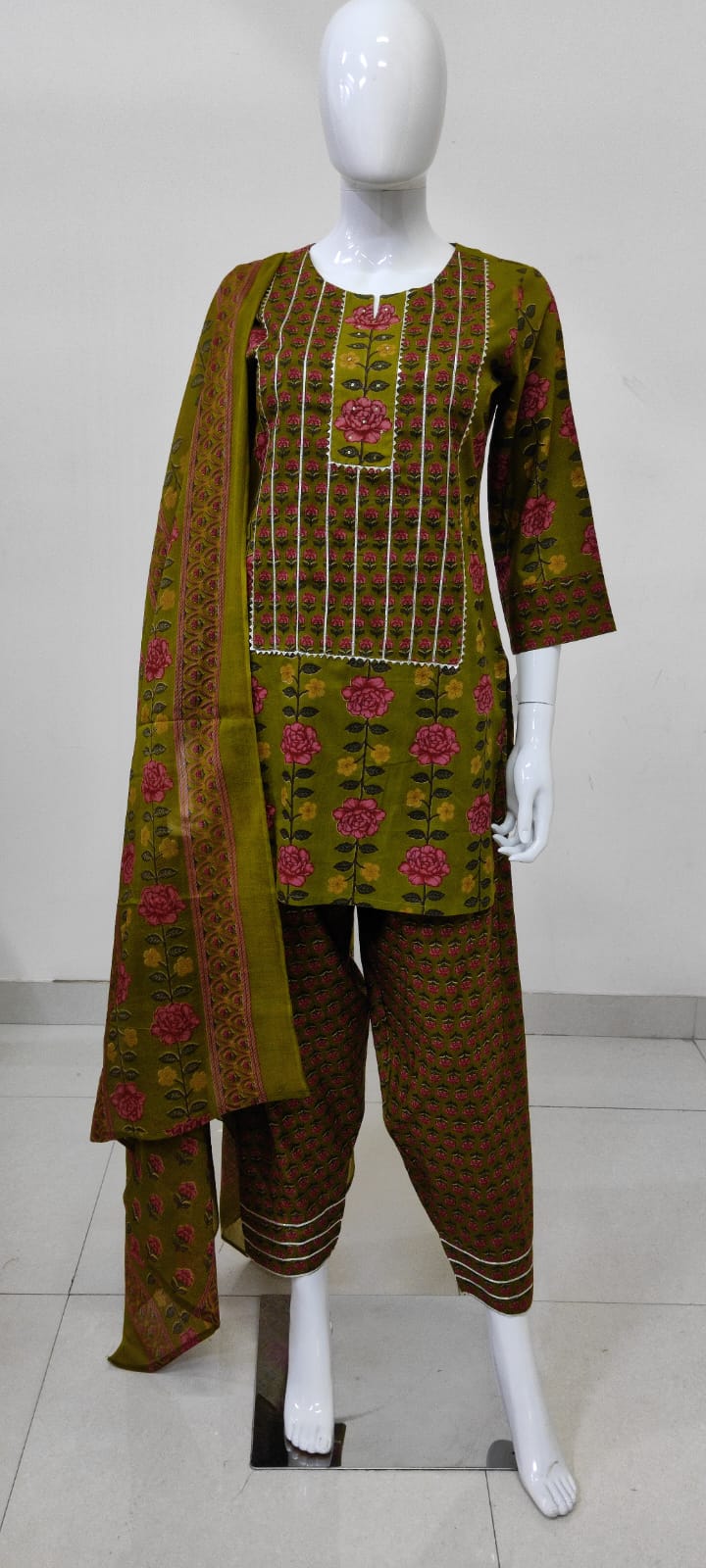 Green Cotton Straight Suit with Farshi Salwar & Dupatta | Gota Lace Detail | Label Anju Kumar