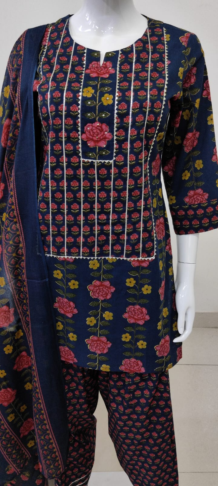 Blue Cotton Straight Suit with Farshi Salwar & Dupatta | Gota Lace Detail | Label Anju Kumar