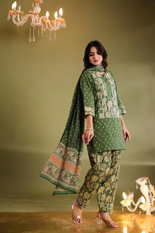 Mehendi Green Cotton Straight Suit with Farshi Salwar & Gota Lace | Label Anju Kumar