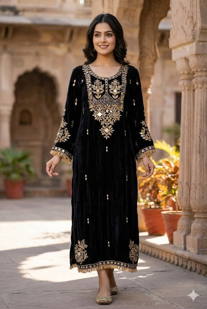 Black Velvet Long Kaftaan Dress with Hand Mirror Work – Women’s Party & Winter Wear | Label Anju Kumar