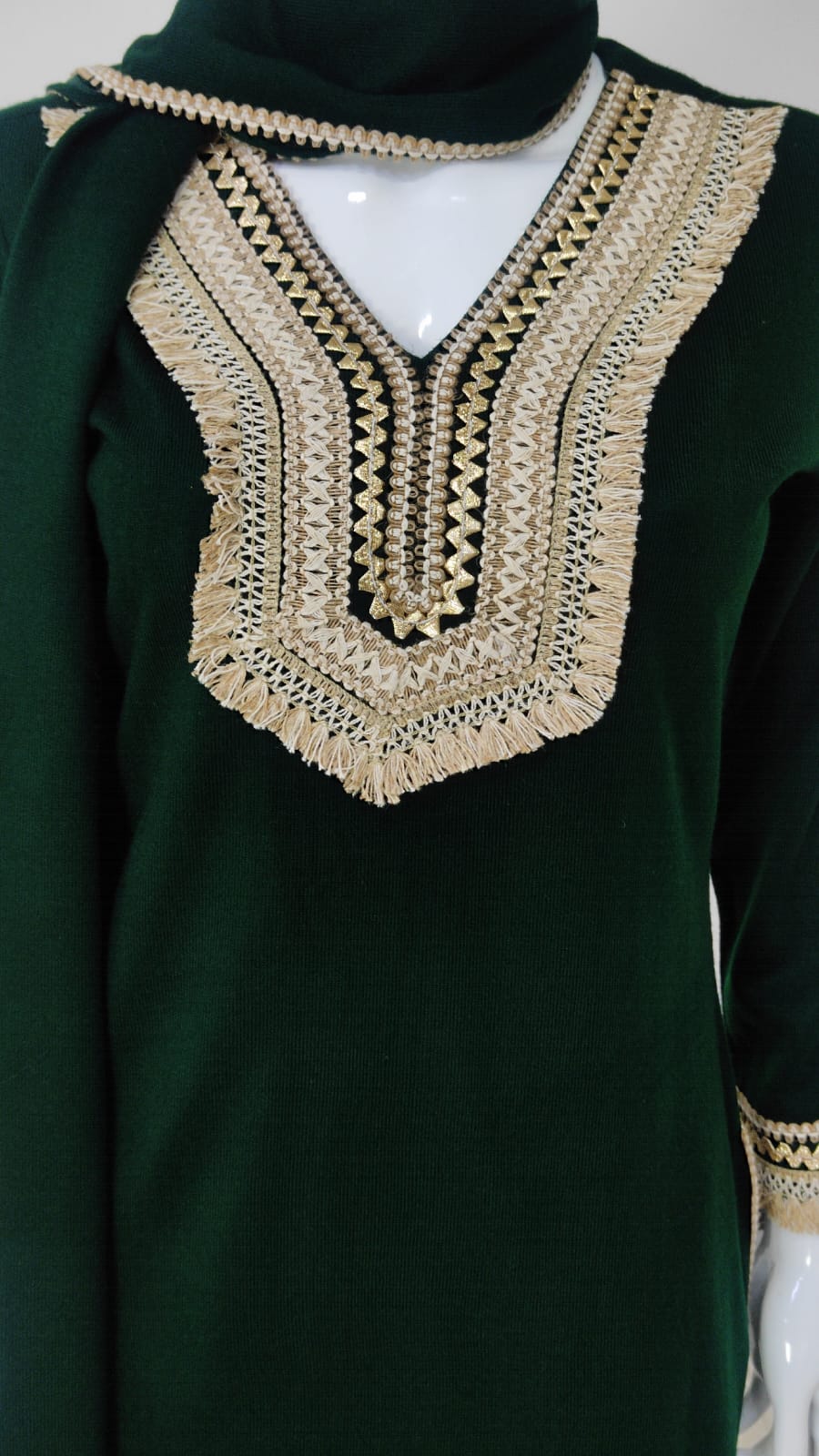 Green Woollen Suit Dupatta Set – 42″ Shirt with Jute Lace Detailing + Trousers & Stole | Label Anju Kumar