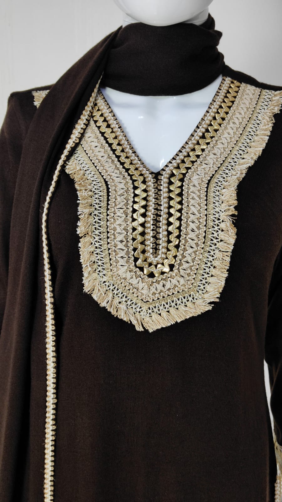 Brown Woollen Suit Dupatta Set – 42″ Shirt with Jute Lace Detailing + Trousers & Stole | Label Anju Kumar