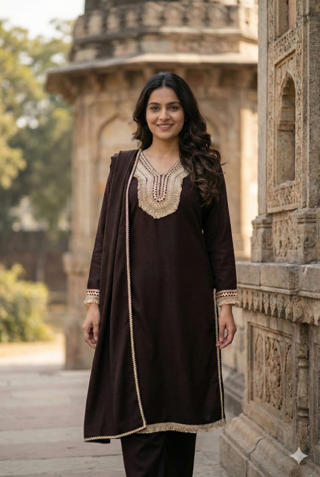 Brown Woollen Suit Dupatta Set – 42″ Shirt with Jute Lace Detailing + Trousers & Stole | Label Anju Kumar