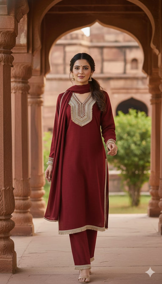 Red Woollen Suit Dupatta Set – 42″ Shirt with Jute Lace Detailing + Trousers & Stole | Label Anju Kumar