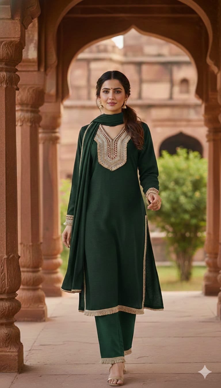 Green Woollen Suit Dupatta Set – 42″ Shirt with Jute Lace Detailing + Trousers & Stole | Label Anju Kumar