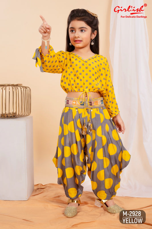Yellow Muslin Crop Top with Swarovski Embroidery & Patiala Salwaar – Kids Festive Wear