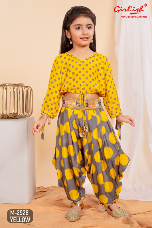 Yellow Muslin Crop Top with Swarovski Embroidery & Patiala Salwaar – Kids Festive Wear