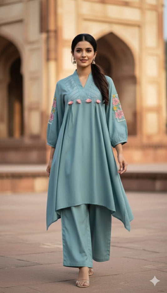 Sky Blue Modal Cotton C-Cut Coord Set with Embroidery and Trousers