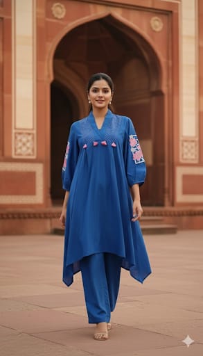 Royal Blue Modal Cotton C-Cut Coord Set with Embroidery and Trousers