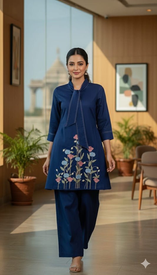 Royal Blue Modal Cotton Coord Set with Dori Work and Embroidery