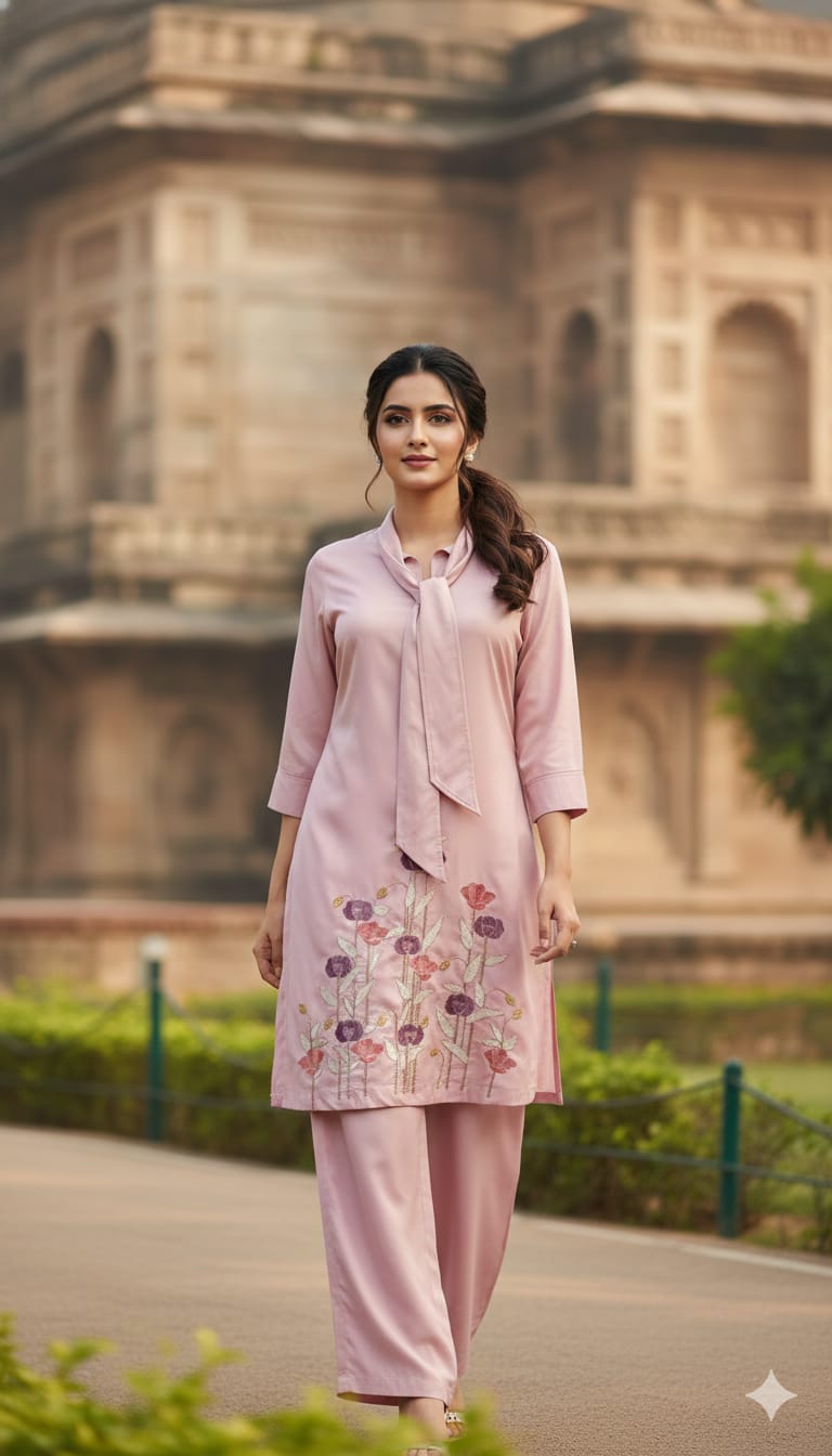 Onion Pink Modal Cotton Coord Set with Dori Work and Embroidery