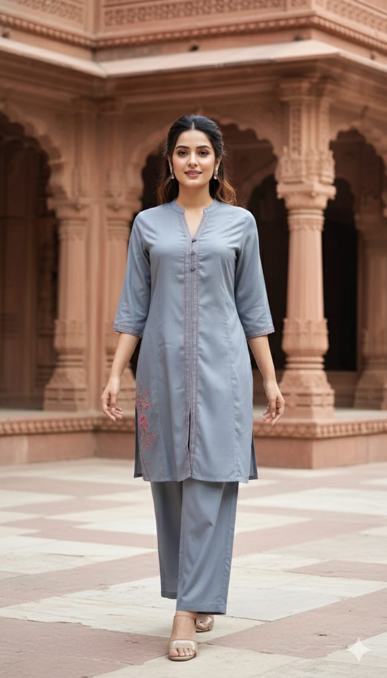 Grey Modal Cotton Coord Set with Embroidery and Straight Trousers