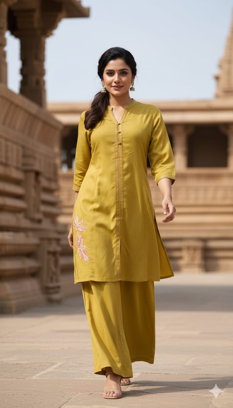 Liril Green Modal Cotton Coord Set with Embroidery and Straight Trousers