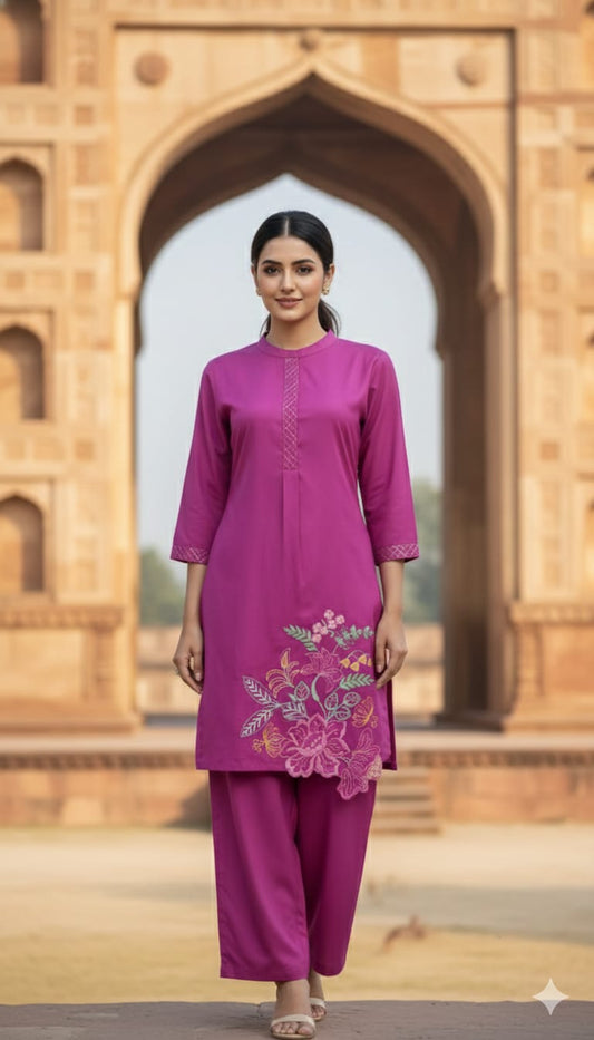 Wine Modal Cotton Coord Set with Dori Work and Embroidery