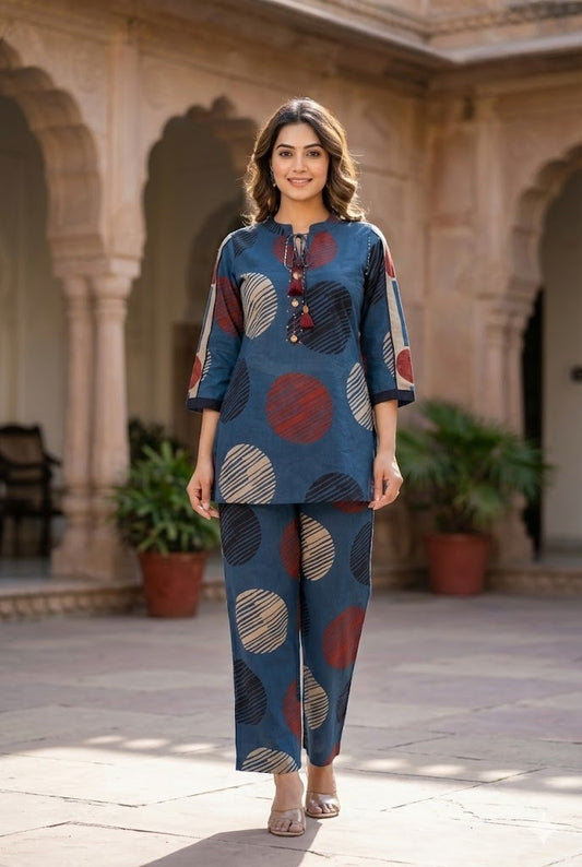 Blue Pure Cotton Geometrical Printed Coord Set with Dori Work