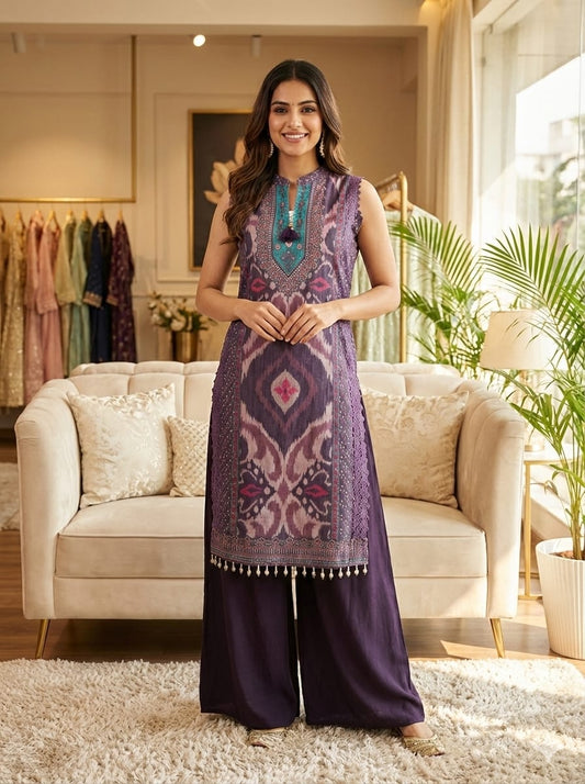 Wine Pure Natural Crepe Indo-Western Coord Set with Digital Print & Matching Divider