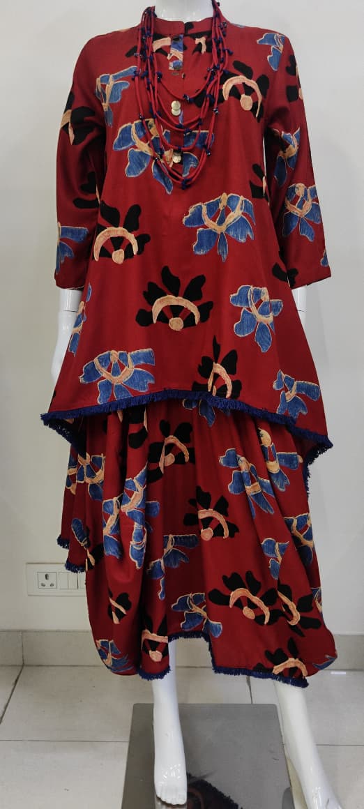Red Modal Rayon Indo-Western One Piece Long Dress with Handmade Necklace