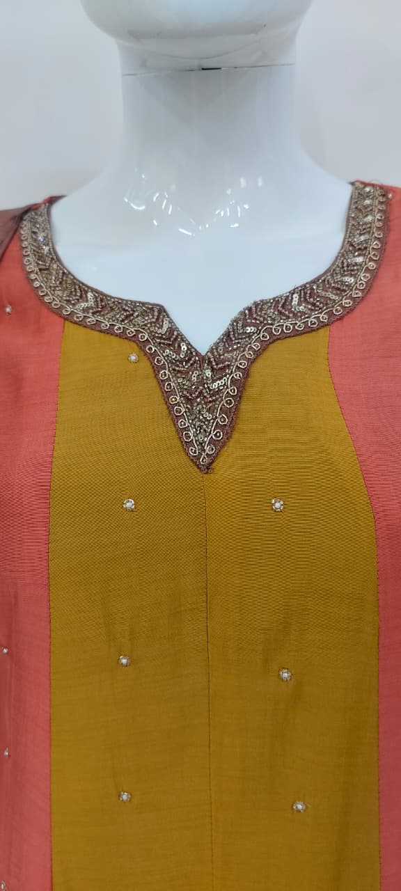 Multicolour Pure Mal Chanderi Anarkali Suit with Hand Embroidery