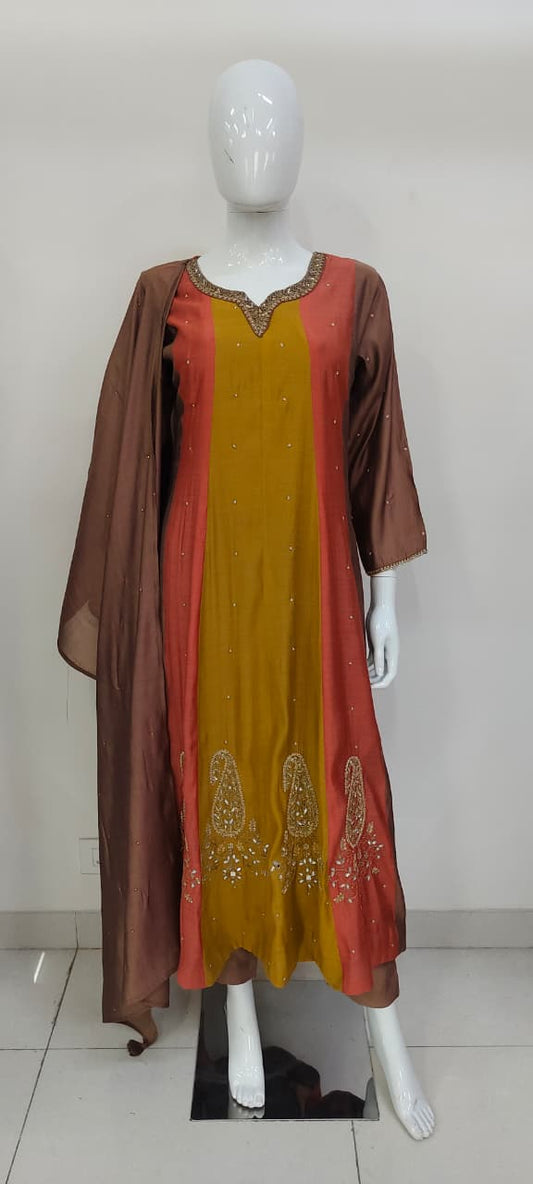 Multicolour Pure Mal Chanderi Anarkali Suit with Hand Embroidery