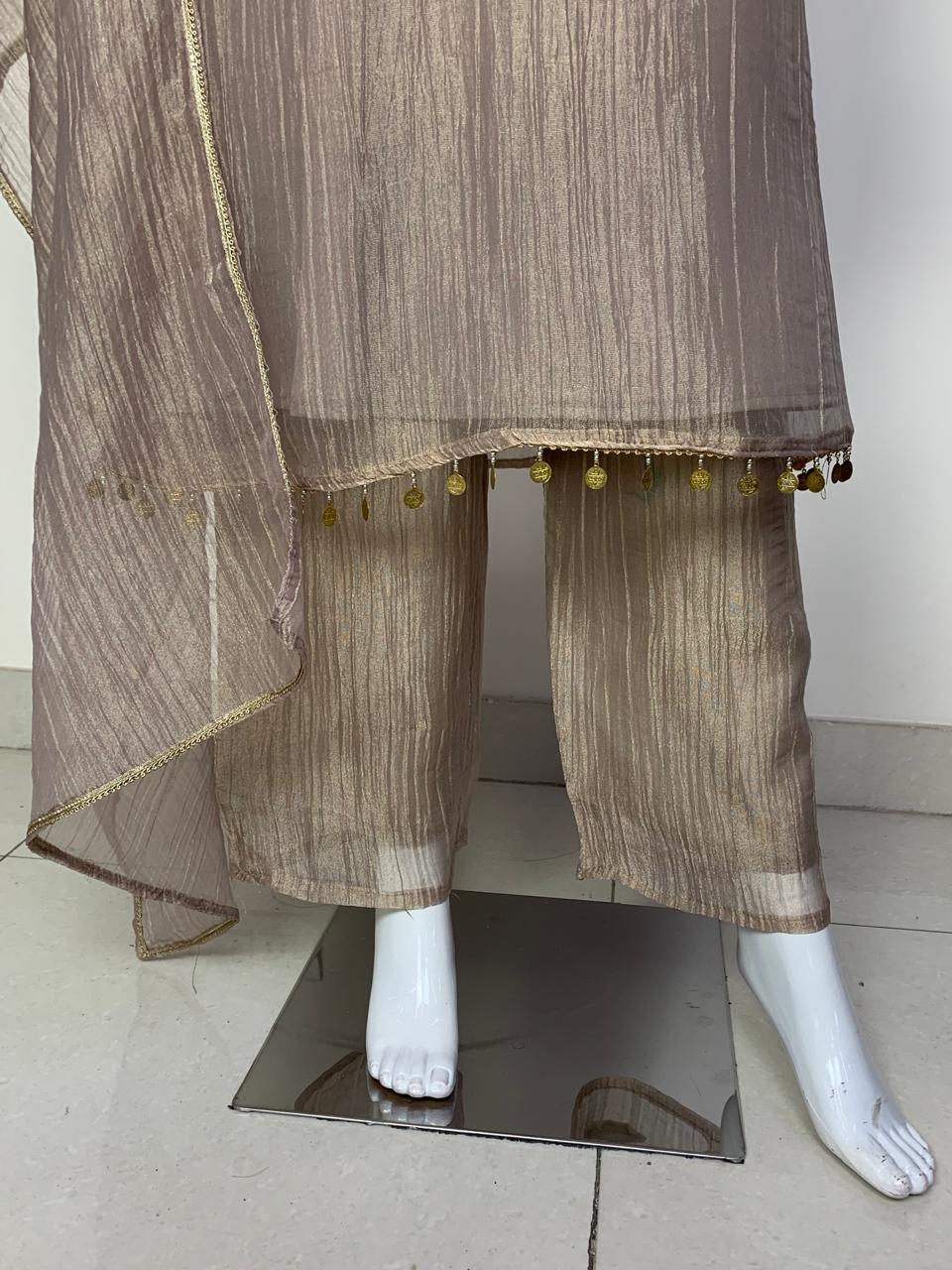 Mouse Salsa Tissue Semi Formal Suit Dupatta Set for Women | Handwork Neck