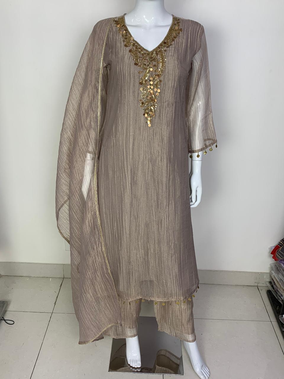 Mouse Salsa Tissue Semi Formal Suit Dupatta Set for Women | Handwork Neck