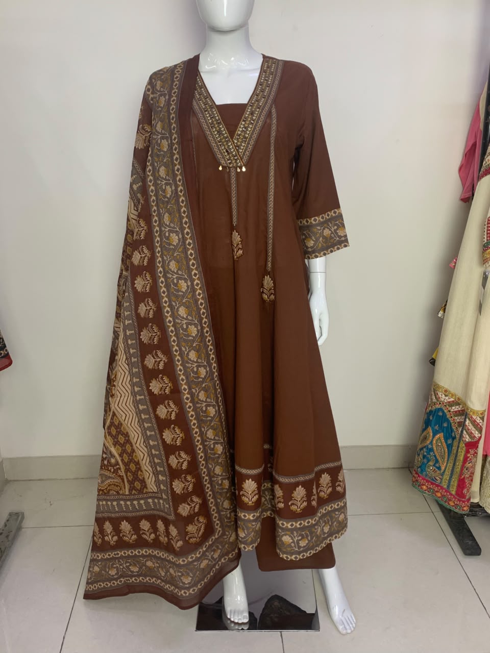 Brown Pure Cotton Anarkali Suit with Patchwork & Coordinated Cotton Dupatta