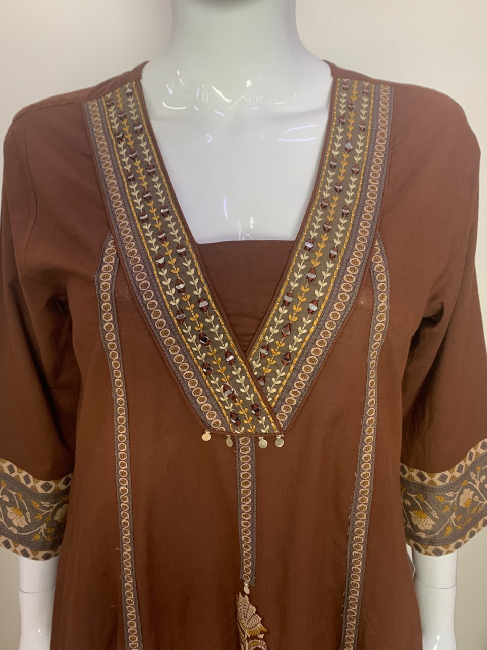 Brown Pure Cotton Anarkali Suit with Patchwork & Coordinated Cotton Dupatta