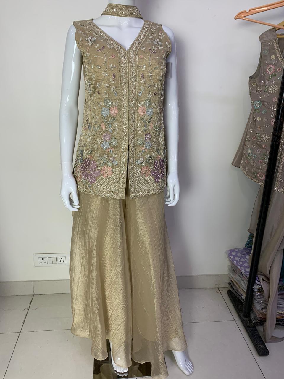 Golden Premium Tissue Sharara Suit with Hand Embroidered Long Choli & Necklace Dupatta