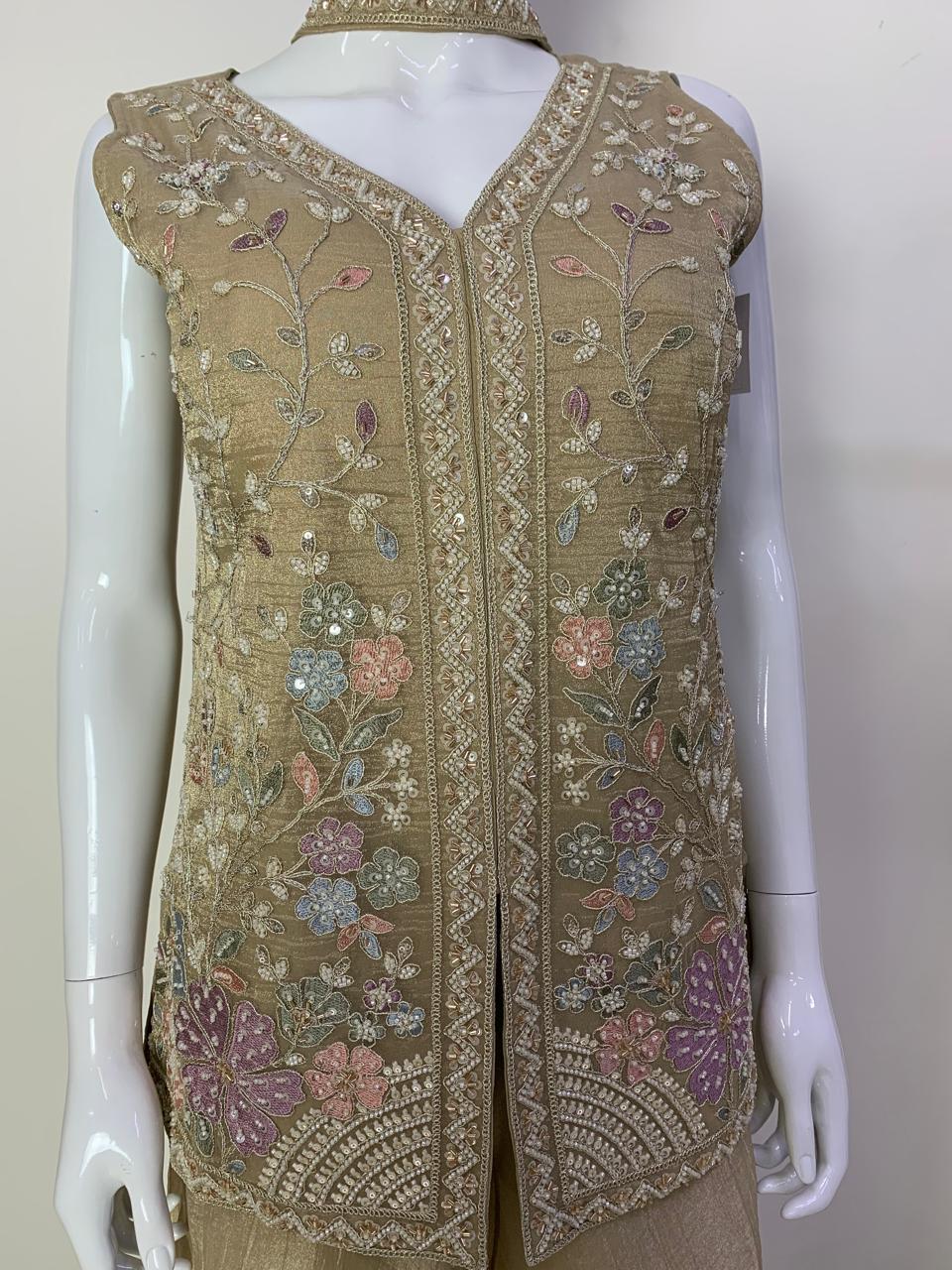 Golden Premium Tissue Sharara Suit with Hand Embroidered Long Choli & Necklace Dupatta