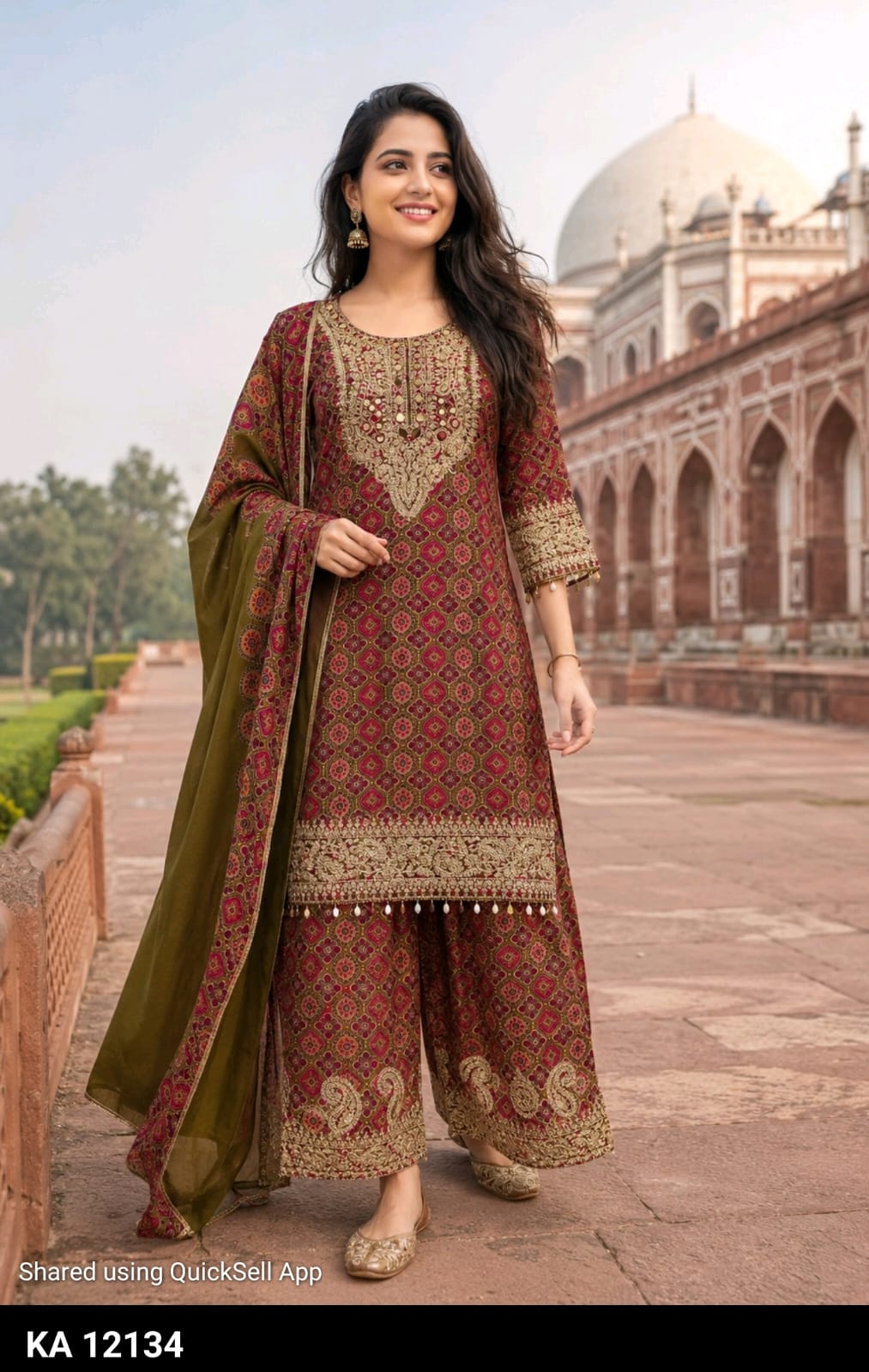 Mehroon Pure Chinnon Semi-Formal Suit with Dori & Mirror Work