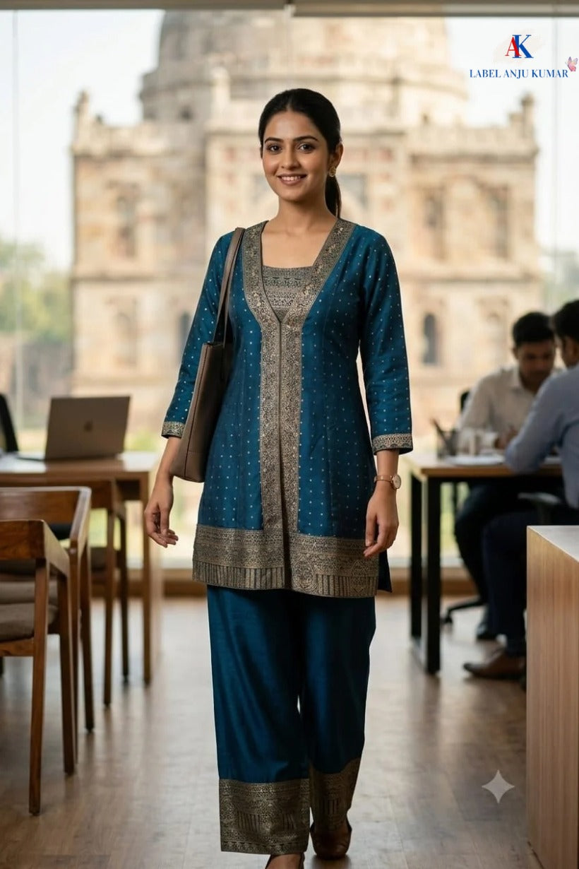 Blue Dola Silk Bustier Top & Jacket Co-ord Set with Jacquard Borders. (Design no. 12225)