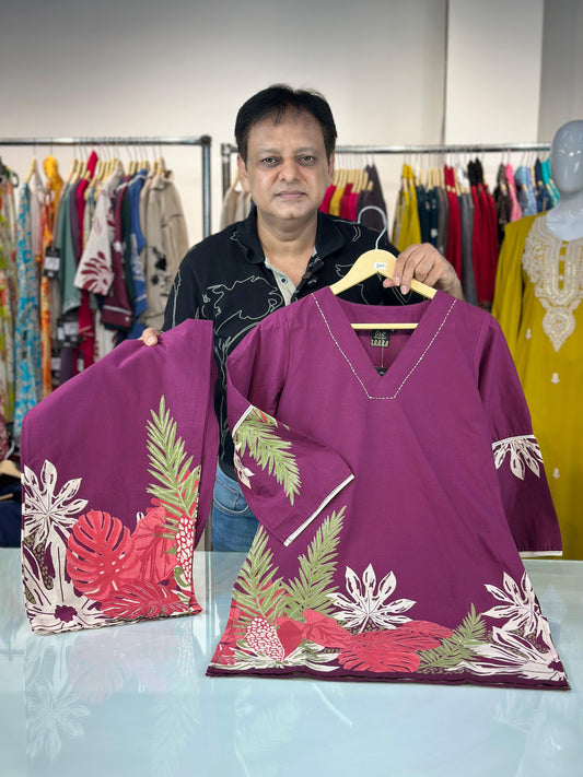 Wine Pure Cotton Coord Set for Women | V-Neck Kurti with Dori Work | Ethnic Wear Set | M to 3XL