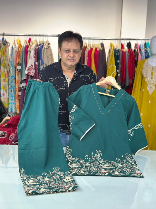 Green Pure Cotton Coord Set for Women | V-Neck Kurti with Dori Work | Ethnic Wear Set | M to 3XL