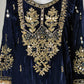 Navy Velvet Long Kaftaan Dress with Hand Mirror Work – Women’s Party & Winter Wear | Label Anju Kumar