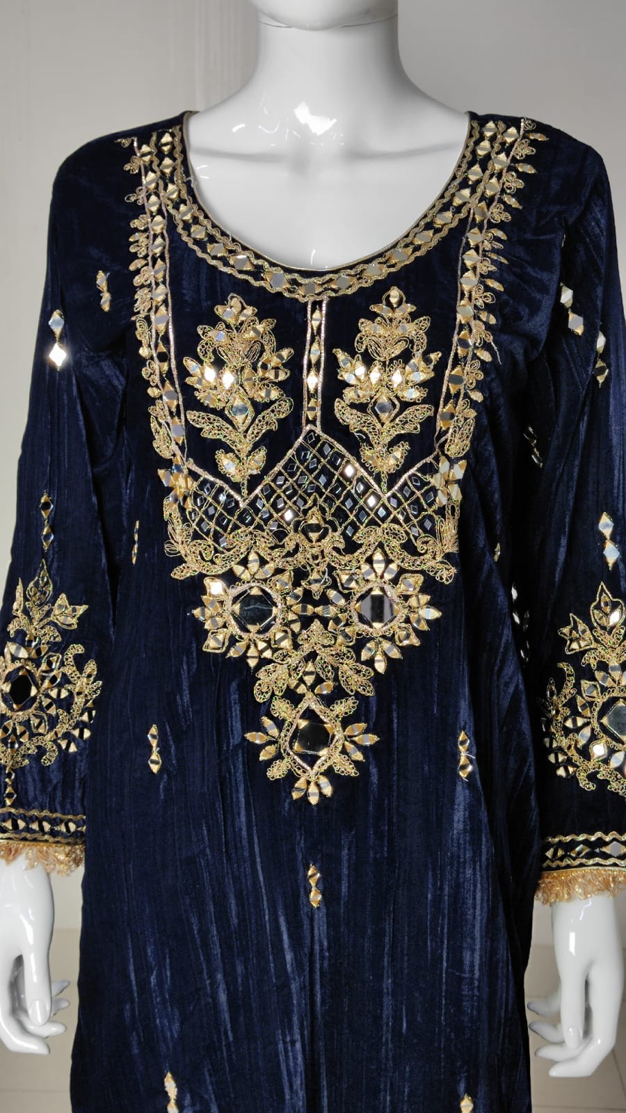 Navy Velvet Long Kaftaan Dress with Hand Mirror Work – Women’s Party & Winter Wear | Label Anju Kumar