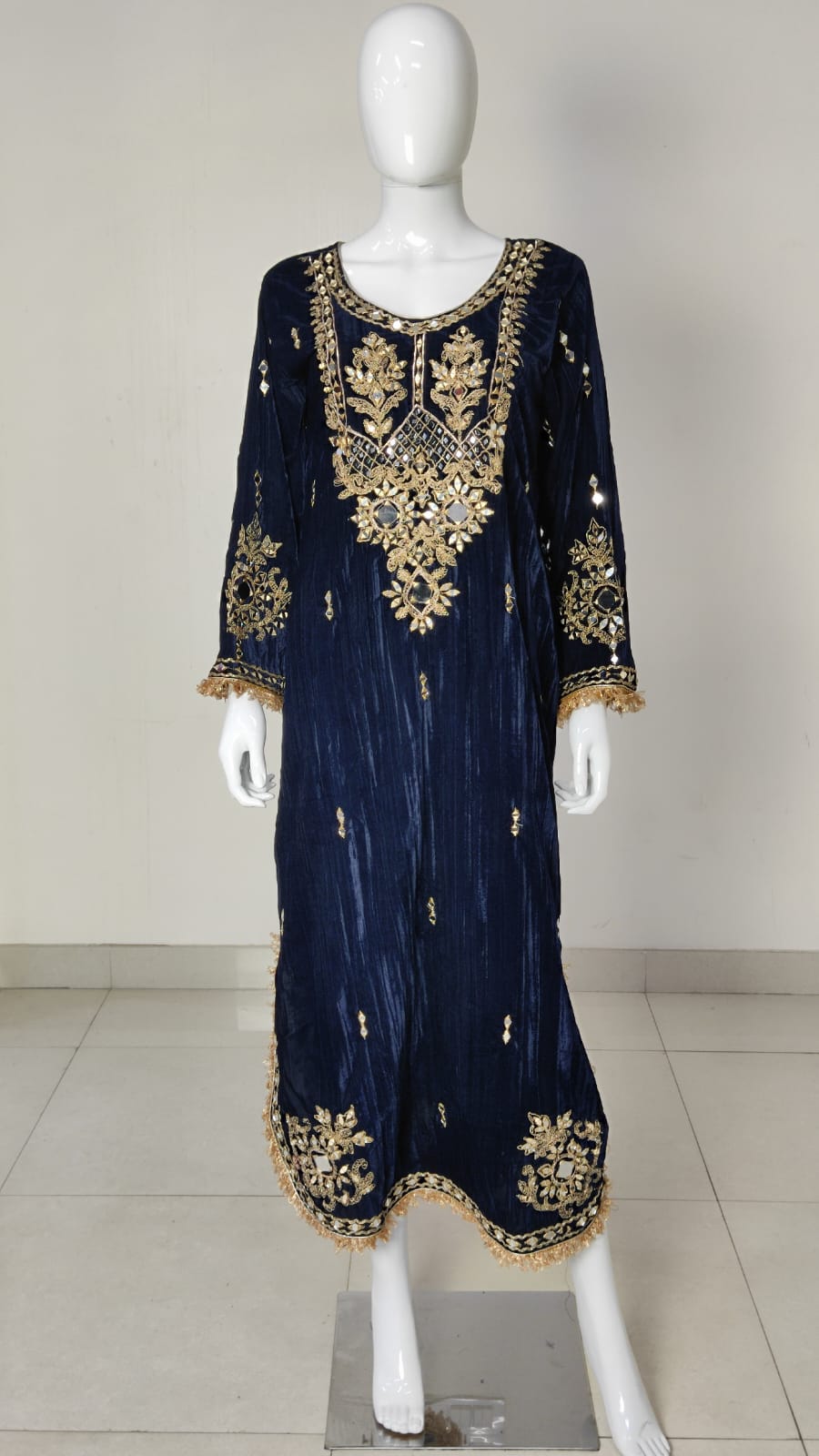 Navy Velvet Long Kaftaan Dress with Hand Mirror Work – Women’s Party & Winter Wear | Label Anju Kumar