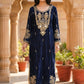 Navy Velvet Long Kaftaan Dress with Hand Mirror Work – Women’s Party & Winter Wear | Label Anju Kumar