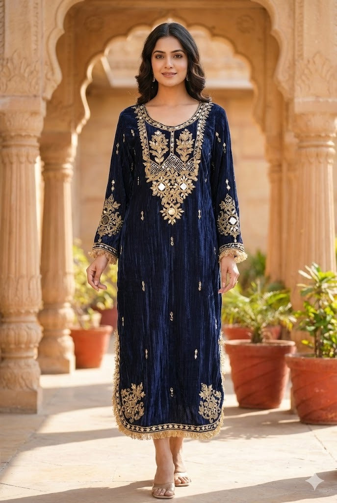 Navy Velvet Long Kaftaan Dress with Hand Mirror Work – Women’s Party & Winter Wear | Label Anju Kumar