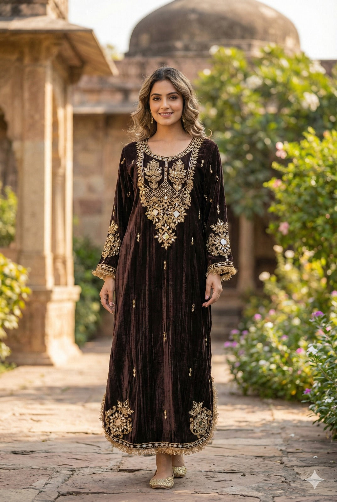 Brown Velvet Long Kaftaan Dress with Hand Mirror Work – Women’s Party & Winter Wear | Label Anju Kumar