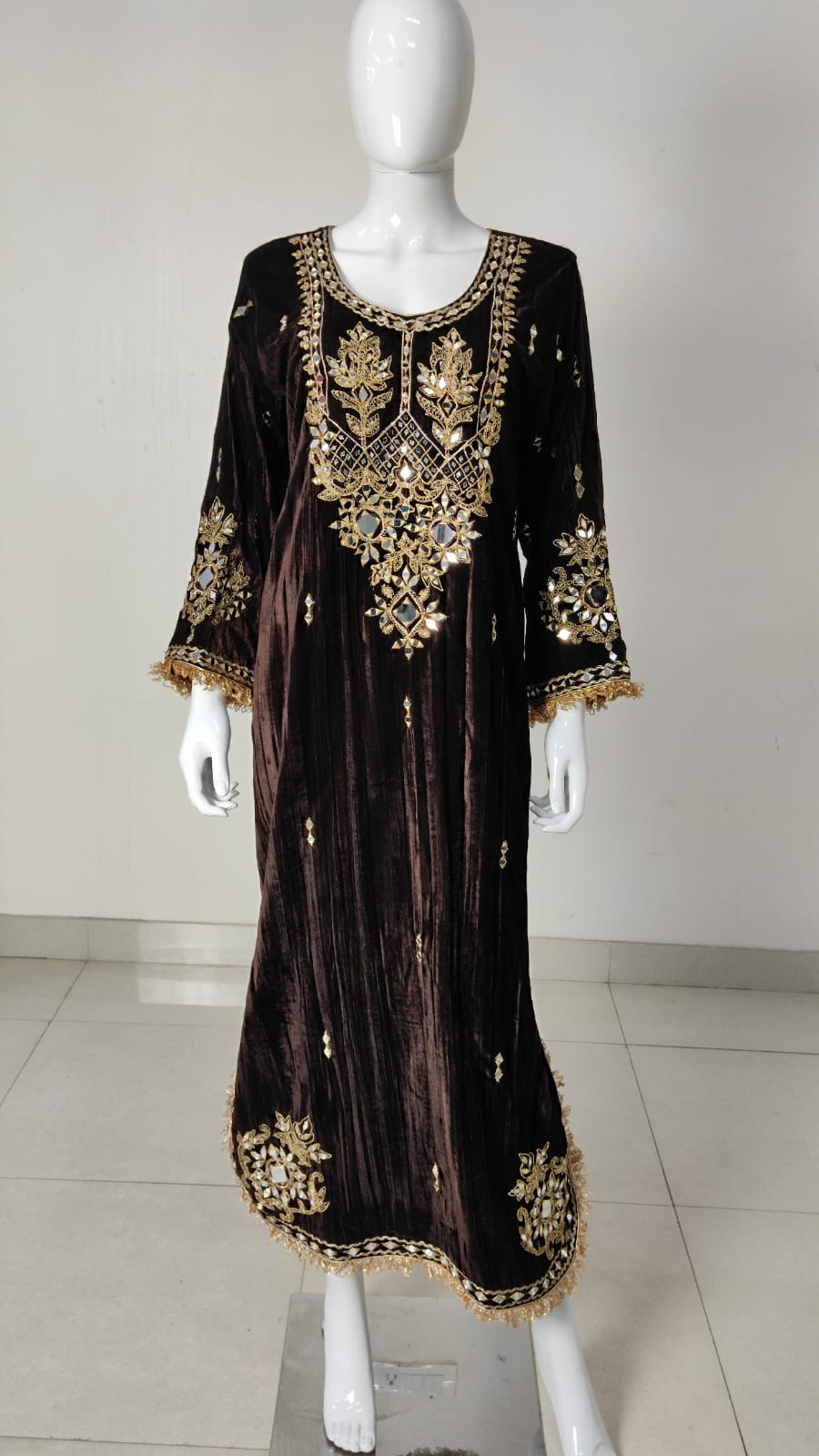 Brown Velvet Long Kaftaan Dress with Hand Mirror Work – Women’s Party & Winter Wear | Label Anju Kumar