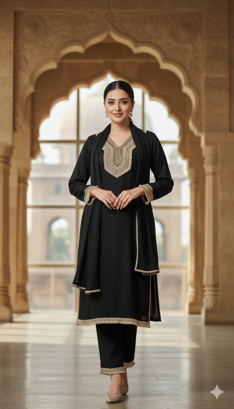 Black Woollen Suit Dupatta Set – 42″ Shirt with Jute Lace Detailing + Trousers & Stole | Label Anju Kumar