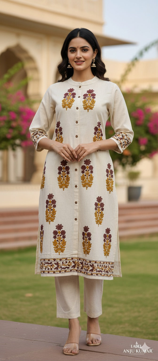 Off White Khadi Cotton A-Line Kurti with Pockets & Floral Hand Block Print | Label Anju Kumar