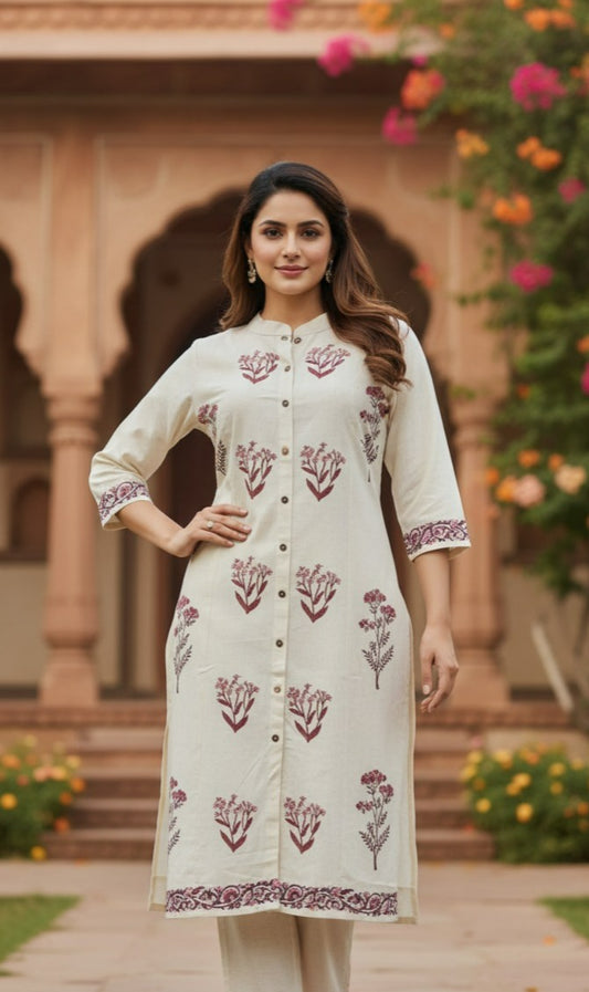 Off White Khadi Cotton A-Line Kurti with Pockets & Floral Hand Block Print | Label Anju Kumar