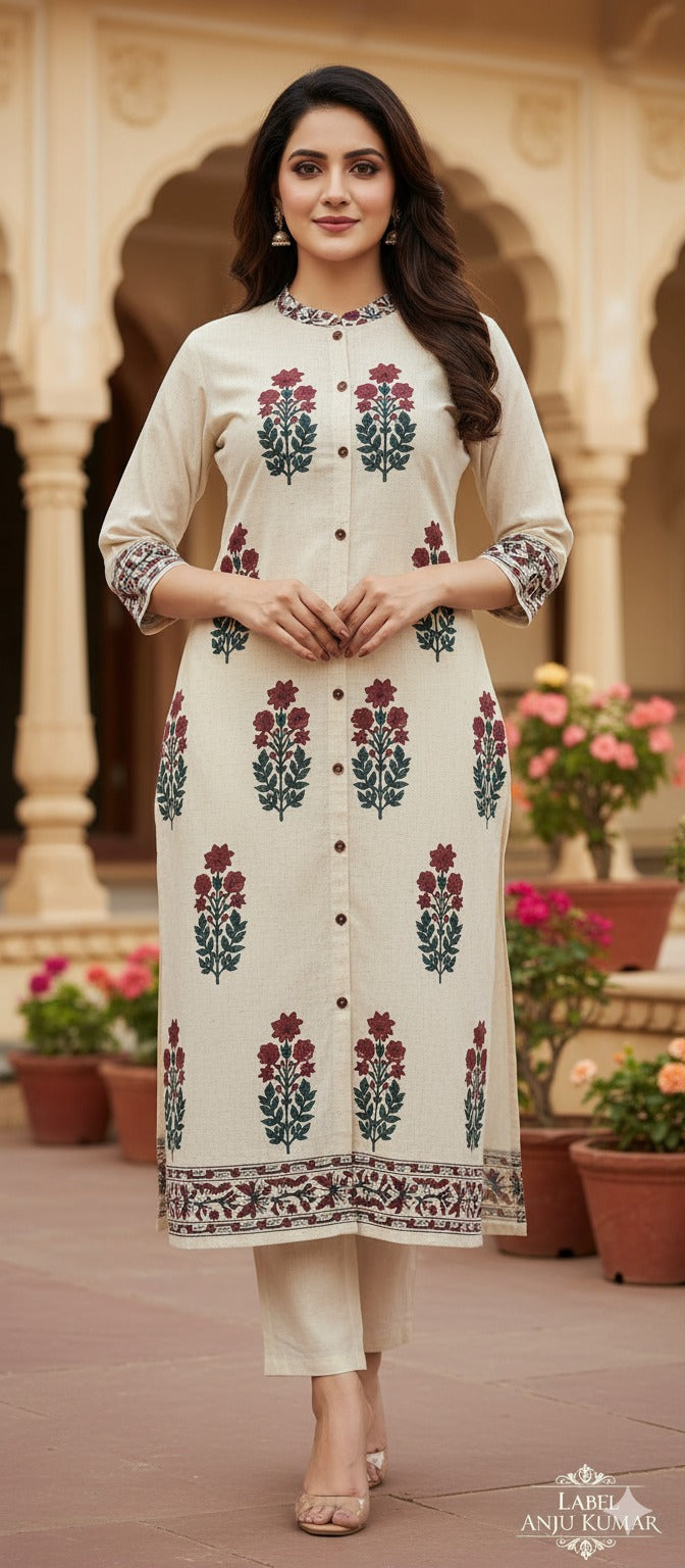 Off White Khadi Cotton A-Line Kurti with Pockets & Floral Hand Block Print | Label Anju Kumar