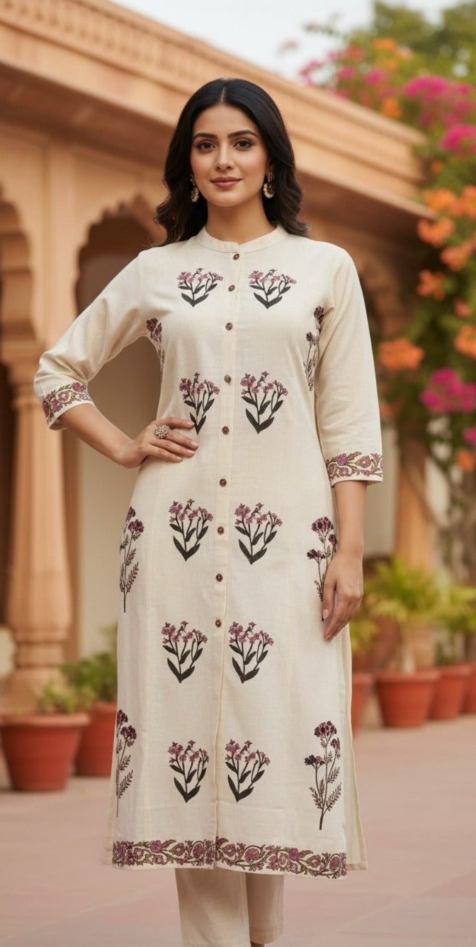 Off White Khadi Cotton A-Line Kurti with Pockets & Floral Hand Block Print | Label Anju Kumar