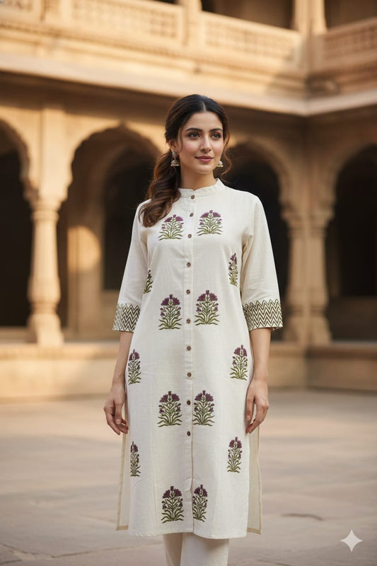 Off White Khadi Cotton A-Line Kurti with Pockets & Floral Hand Block Print | Label Anju Kumar