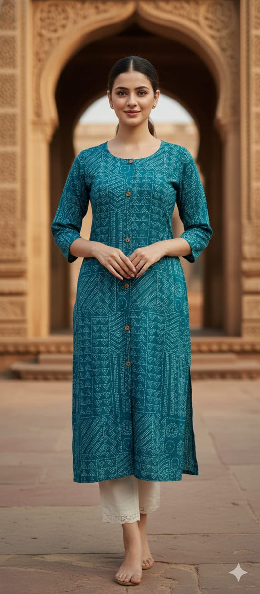 Mix Printed Cotton A-Line Kurti with Pockets & Round Neck | Label Anju Kumar