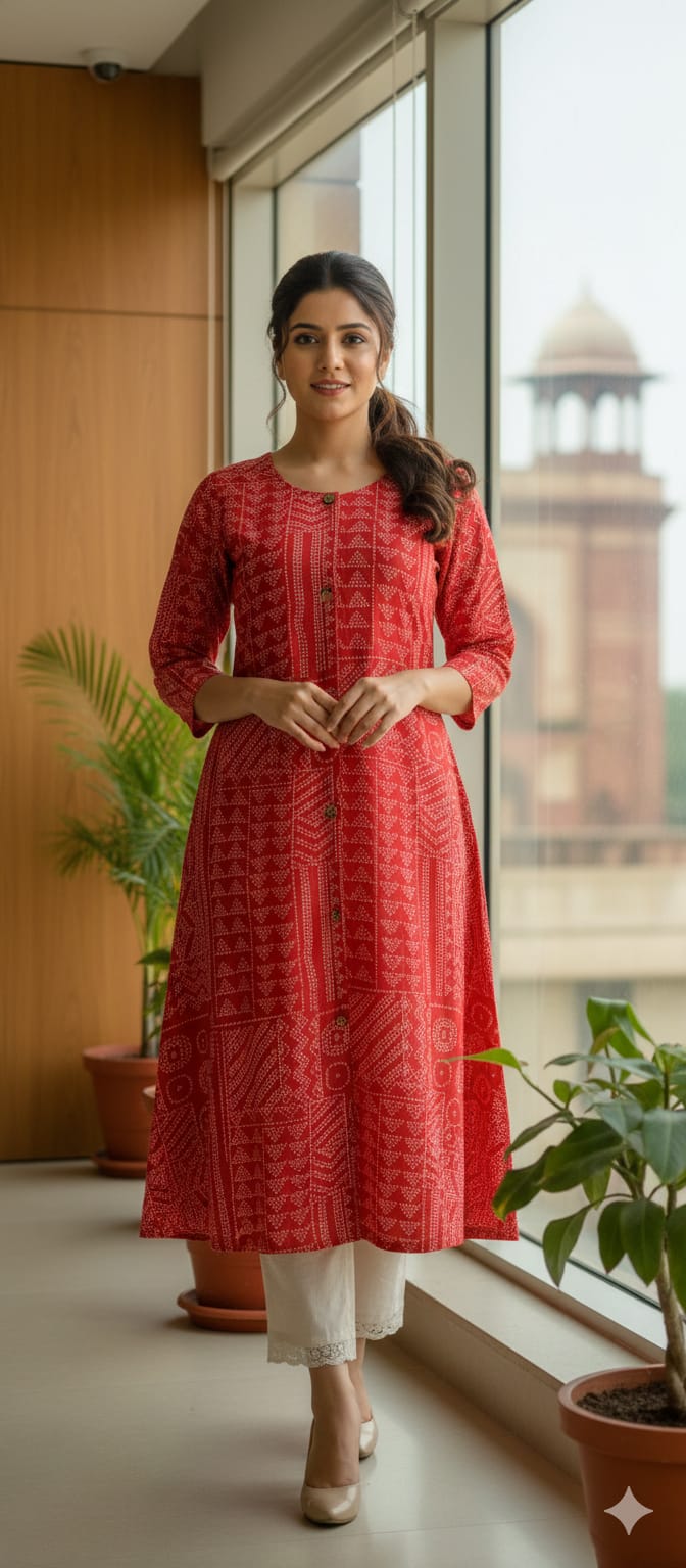 Mix Printed Cotton A-Line Kurti with Pockets & Round Neck | Label Anju Kumar
